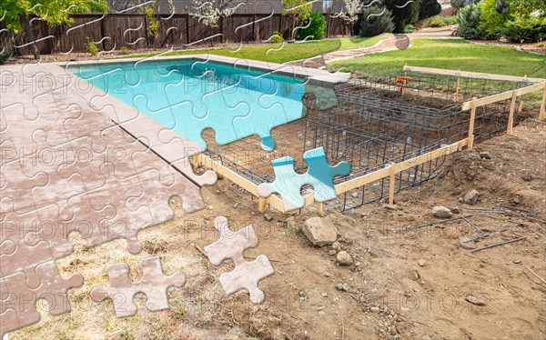 Puzzle pieces fitting together revealing finished pool build over construction