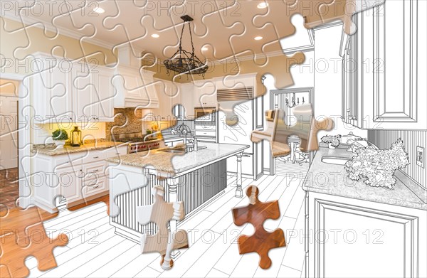 Puzzle pieces fitting together revealing finished kitchen build over drawing