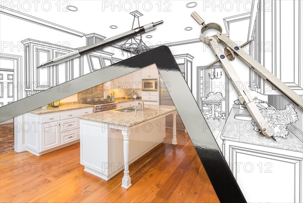 Computer tablet and drafting tools with kitchen drawing and photograph combination