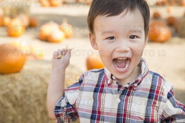 Cute mixed-race young boy having fun at the pumpkin patch