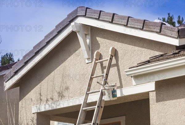 Construction ladder leaning up against A house ready for new paint