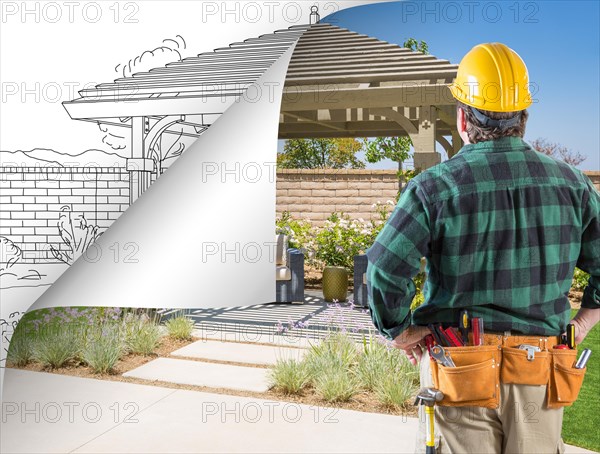 Contractor facing pergola photo with page flipping to drawing behind