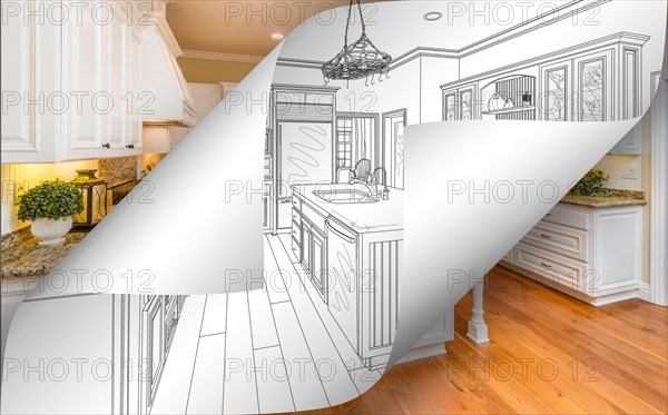 Kitchen drawing page corners flipping with photo behind