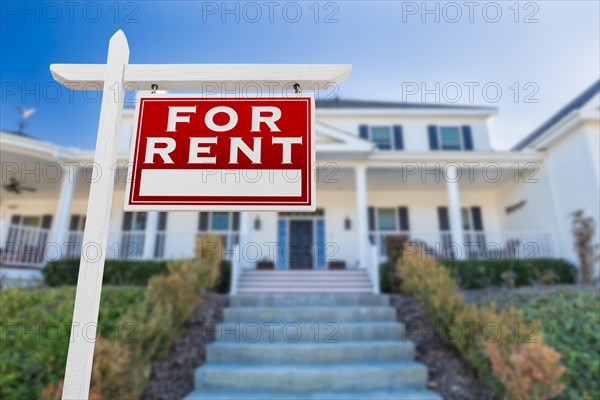 Right facing for rent real estate sign in front of house