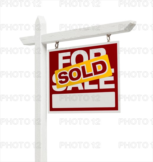 Right facing sold for sale real estate sign with clipping path isolated on white