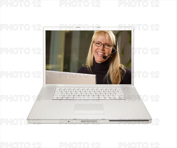 Pretty woman with phone headset on laptop screen