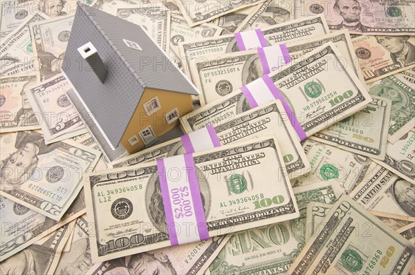 Home with stacks of money as background
