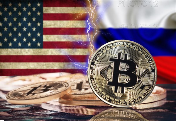 Bitcoin coin with russian flag and united states in the background