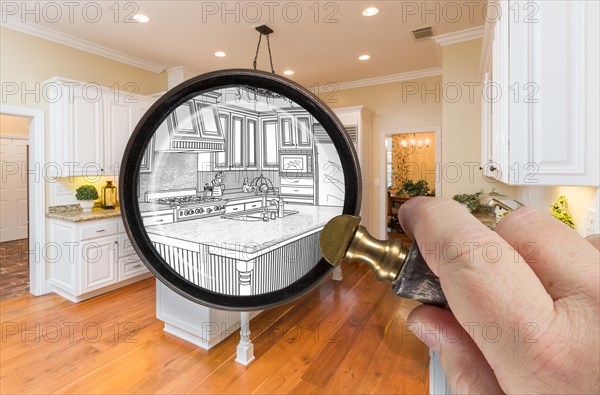 Hand holding magnifying glass revealing custom kitchen design drawing and photo combination