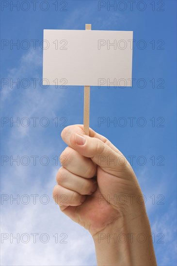 Blank sign in fist on sky background
