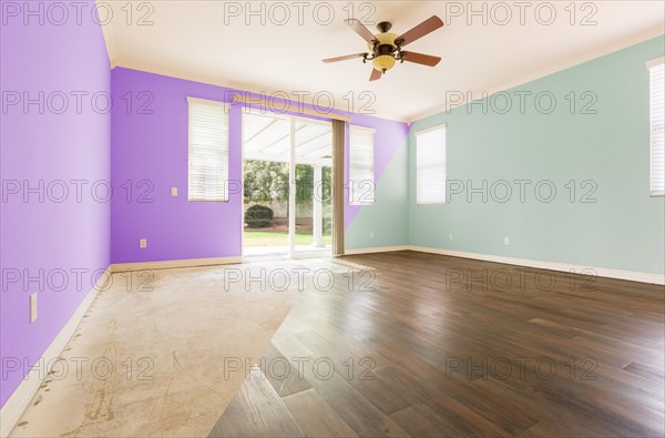 Empty room with cross section showing before and after with new wood floor and paint