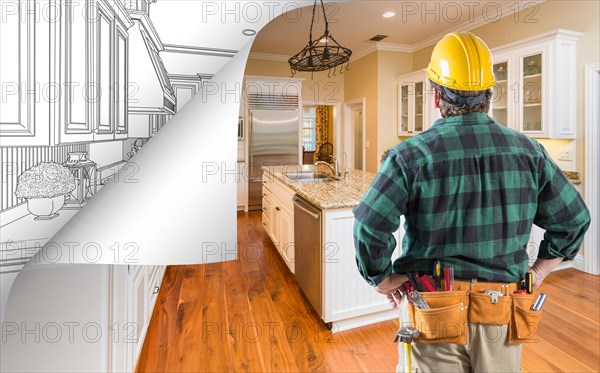 Contractor facing kitchen photo with page corner flipping to drawing behind