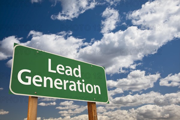 Lead generation green road sign with dramatic sky and clouds