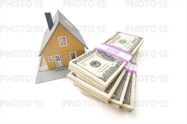 Home and stacks of money isolated on a white background