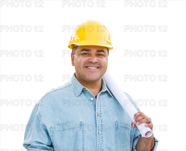 Hispanic male contractor in hard hat with blueprint plans isolated on a white background