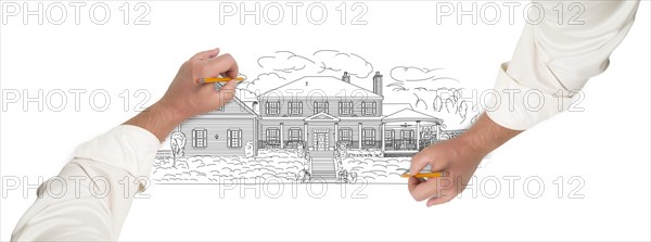Male hands sketching with pencil the outline of a beautiful house on white