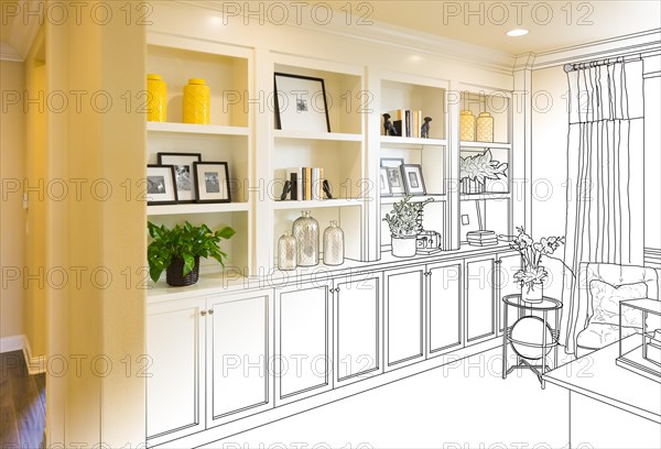 Custom built-in shelves and cabinets design drawing gradating to finished photo