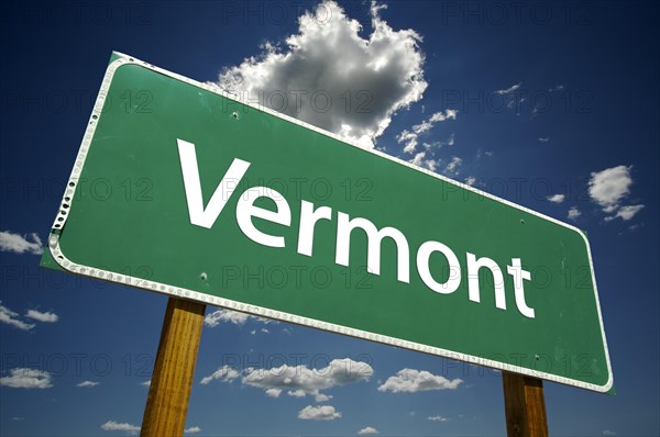 Vermont road sign with dramatic clouds and sky