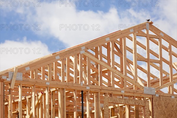 Abstract of wood home framing at construction site