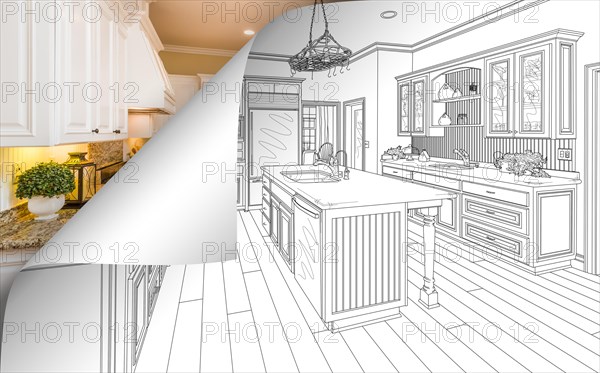 Kitchen drawing page corner flipping with photo behind