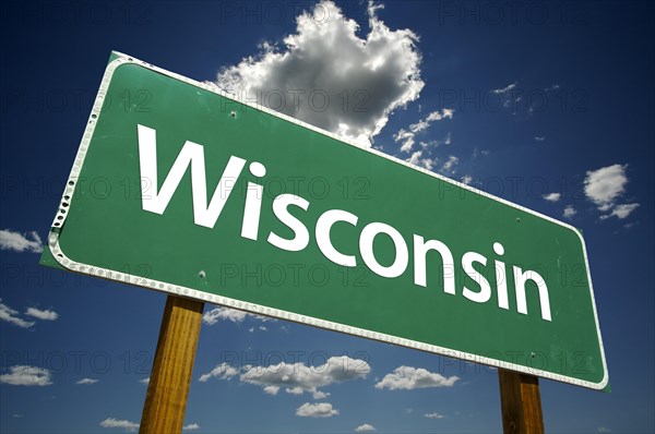 Wisconsin road sign with dramatic clouds and sky