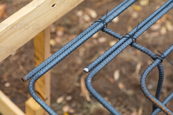 New steel rebar framing abstract at construction site