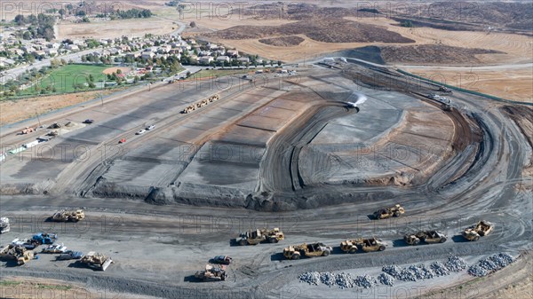 Aerial view of tractors on A housing development construction site