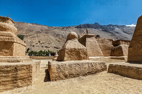 Buddhist Tabo monastery building and gompas made of clay in Tabo village Spiti Valley. Monastery is built on high Himalayan plateau in tradition of Tibetan Buddhism religion. Himachal Pradesh