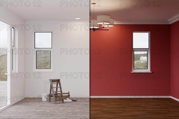 Unfinished raw and newly remodeled room of house before and after with wood floors