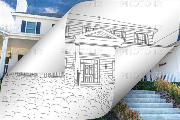 House drawing page corners flipping with photo behind
