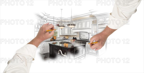 Two male hands sketching with pencil A custom kitchen with photo showing through