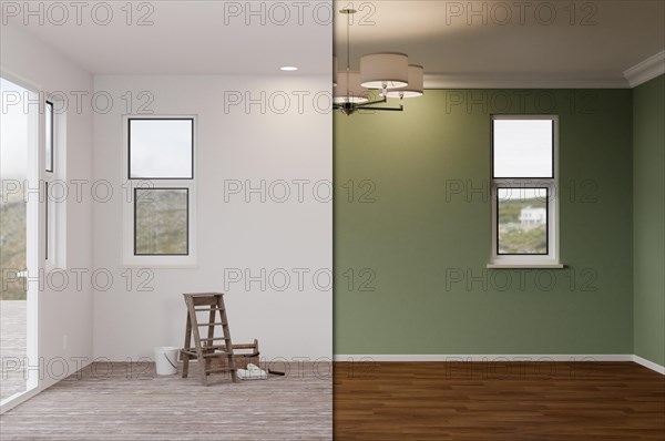 Unfinished raw and newly remodeled room of house before and after with wood floors