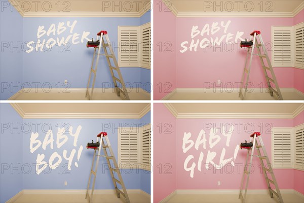 Maternity series of pink and blue empty rooms with ladder and paint supplies