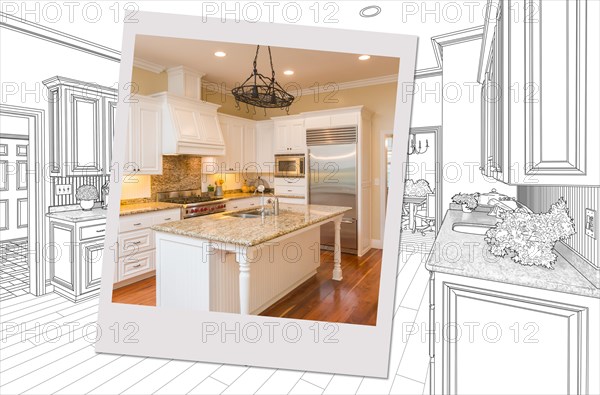 Custom kitchen drawing with photo picture frame containing finished construction