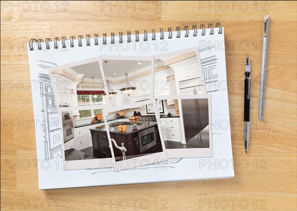 Sketch pad on desk with drawing of custom kitchen interior and photo frames showing finished construction next to engineering pencil and ruler