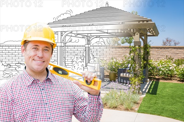 Contractor in front of drawing gradating into photo of finished patio cover