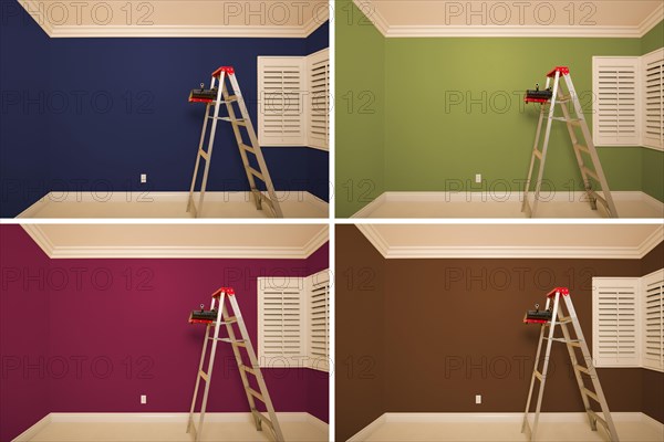 Set of empty rooms painted in variety of colors with ladder