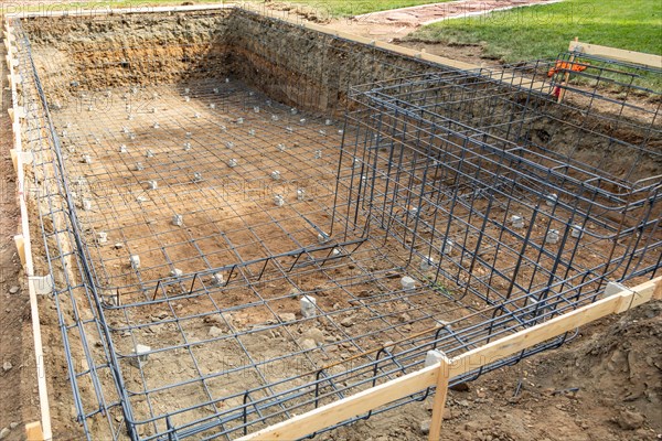 New swimming pool steel rebar framing construction site