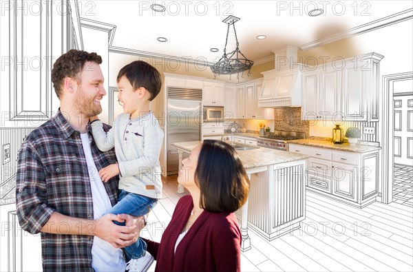 Young mixed-race caucasian and chinese family in front of custom kitchen drawing and photo combination
