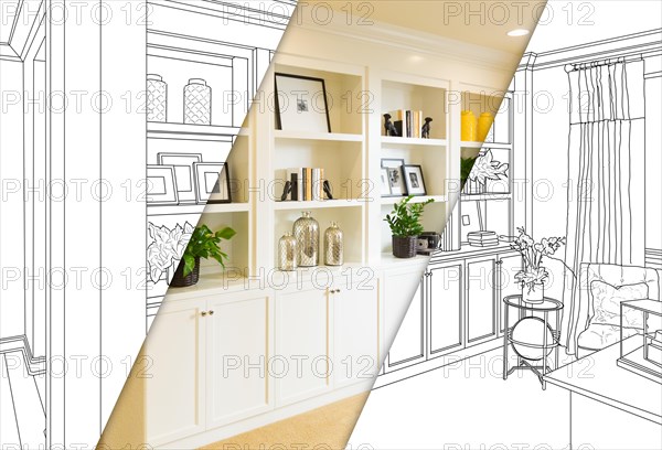 Custom built-in shelves and cabinets design drawing with cross section of finished photo