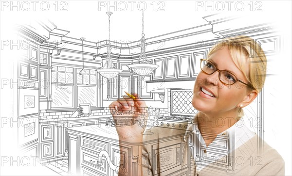 Creative woman with pencil drawing custom kitchen design on white