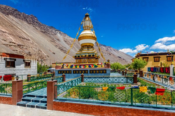 Buddhist gompa with prayer flags. Tabo monastery