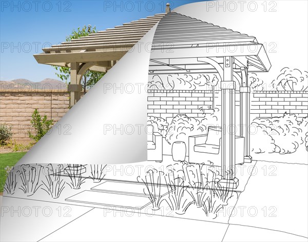 Pergola drawing with page flipping to completed photo behind