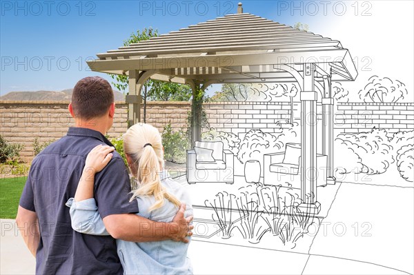 Couple facing pergola drawing gradating to photo