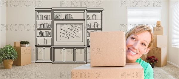 Woman inside room with moving boxes glancing toward entertainment unit drawing on wall