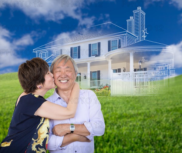 Chinese senior adult couple kissing in front of ghosted custom house drawing and photo transition