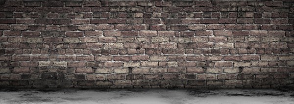 Large grungy blank old brick wall and concrete floor banner with copy space