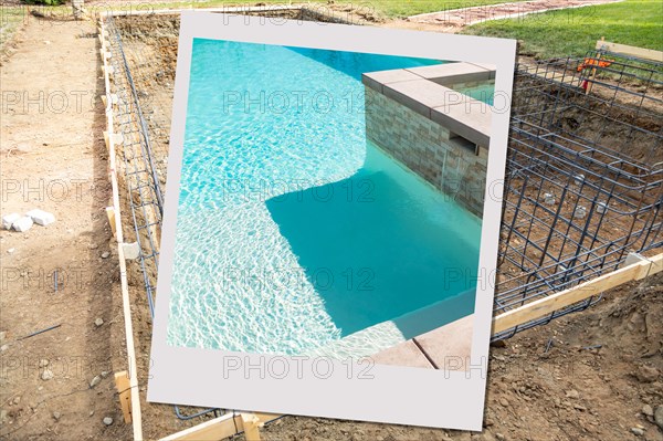 Swimming pool construction site with picture photo frame containing finished project