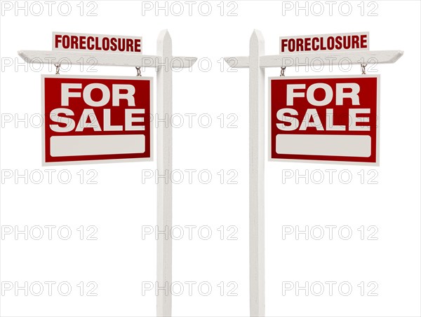 Pair of left and right facing foreclosure for sale real estate signs with clipping path isolated on white