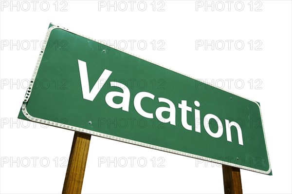 Vacation green road sign isolated on a white background with clipping path